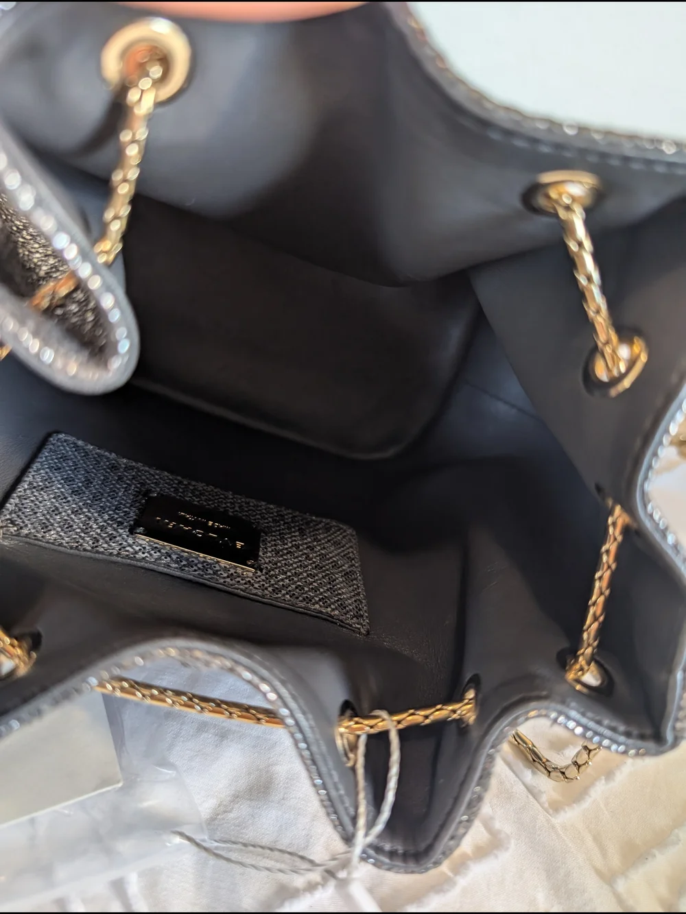 Bvlgari Silver Bucket Drawstring Bag Gold Chain Strap Tassel Accent Designer